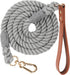 5 FT Dog Leash, Handmade Braided Cotton Rope with Leather Handle for Small Medium Large Dogs, Grey