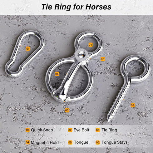 Horse Tie Ring, Safe Horse Accessories, Humane Way Tie Ring with Eye Bolt and Quick Snap