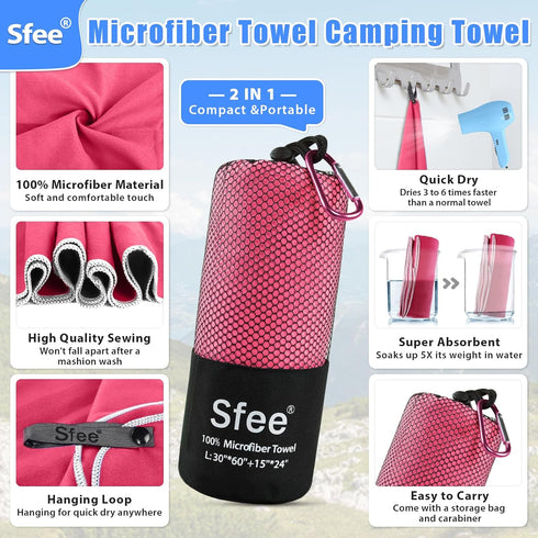 2 Pack Set Backpacking, Sfee Microfiber Travel Towel, Quick Dry Towel Camping Towel Super Absorbent Compact Lightweight