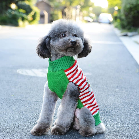 Dog Christmas Sweater for Small Medium Dogs, Knitted Soft Warm Holiday Clothes with Cute Bear Striped Design (XL, Green