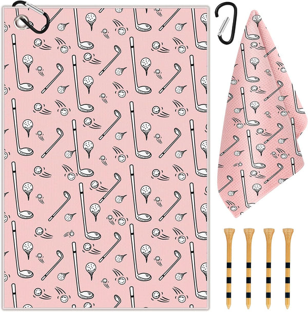 Swooflia Golf Towel with Clip - Microfiber Large Golfing Rag for Men Women, Cute Balls Clubs Pattern with 4 PCS Golf
