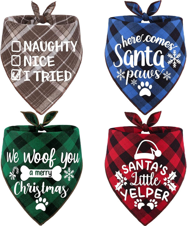 4 Pack Christmas Dog Scarves - Plaid Triangle Bandanas for Small to Large Dogs and Cats - Holiday Gift Set