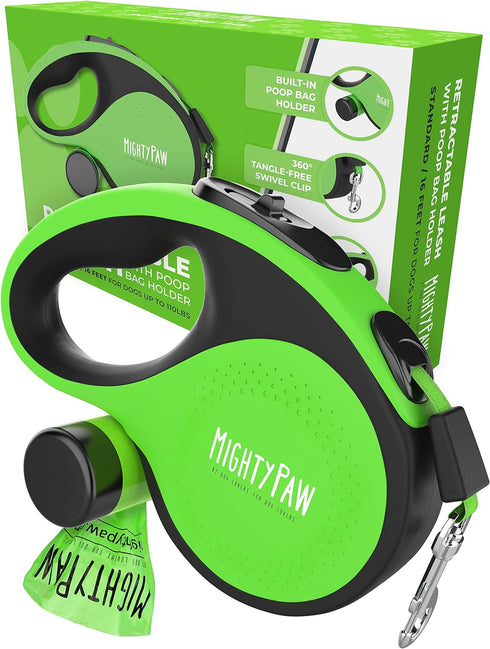 Mighty Paw Retractable Leash with Poop Bag Holder, 16' Long for Small, Medium & Large Dogs, Bags Included