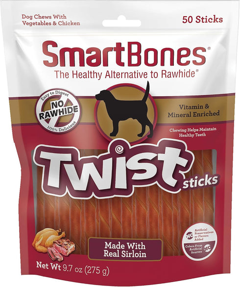SmartBones Twist Sticks Made with Real Sirloin - 50 Count Rawhide-Free Chew for Dogs