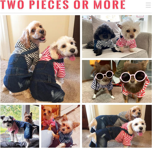 Small Dog Hoodie Clothes Cute Stripe Shirts Denim Jumpsuit One-Piece Outfit for Small Medium Dogs Cats Boy Girl