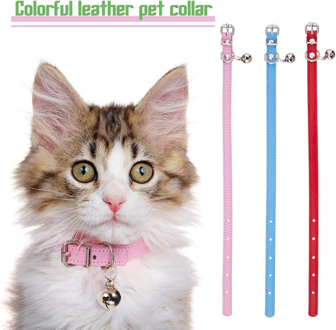 Weewooday 6 Pieces Leather Cat Collar with Bell, Cute Pet Kitten Collar for Boy Girl Cats, Safety Elastic Strap for