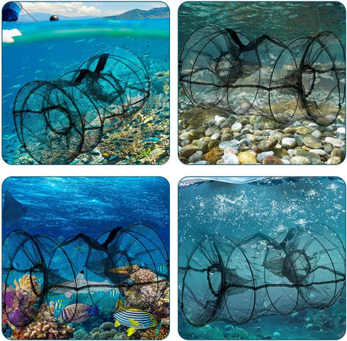 18x33cm UPKOCH Foldable Fish Trap Cage Crab Shrimp Fishing Net Trap with Spring Frame, Black Mesh Two-Hole Design