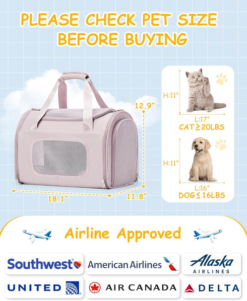 Soft Pet Carrier for Cats and Dogs, Airline Approved Travel Carrier for Pets Up to 20lbs, Collapsible Design (Pink)