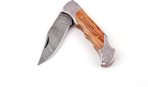 Handmade Damascus Steel Blade Pocket Knife with Leather Sheath 5170 (Olive) - Best Gift for Men