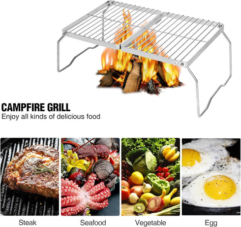 REDCAMP 304 Stainless Steel Folding Campfire Grill, Adjustable Height Portable Camping Grill with Carrying Bag