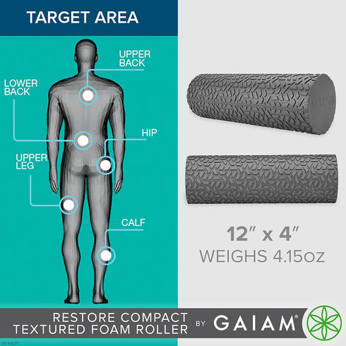 12L 4" Gaiam Restore Compact Textured Foam Roller for Muscle Repair and Exercise X Diameter Massager Roller Ideal