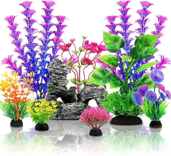 Fish Tank Accessories - 9pcs Colorful Artificial Plants and Cave Rock Decor Set for Aquarium