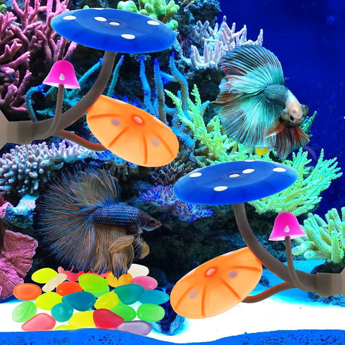 2Pcs Betta Fish Mushroom Hammock with 30 Luminous Stones, Soft Silicone Aquarium Rest Bed
