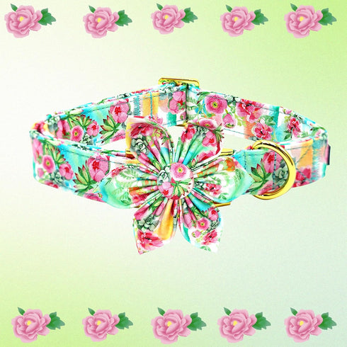 Dog Collar Pink Flowers Print, Cute Girl Collar with Flower Adjustable Metal Buckle Gift for Large Dogs