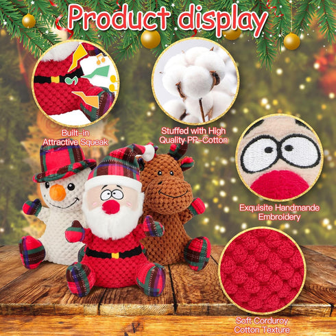 Rypet 3 Pack Dog Christmas Toys, Interactive Durable Stuffed Plush Toys for Medium Small Dogs