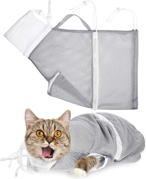 Cat Shower Net Bag, Adjustable Grooming Bathing Bag for Cats, Prevent Biting and Scratching (Grey)