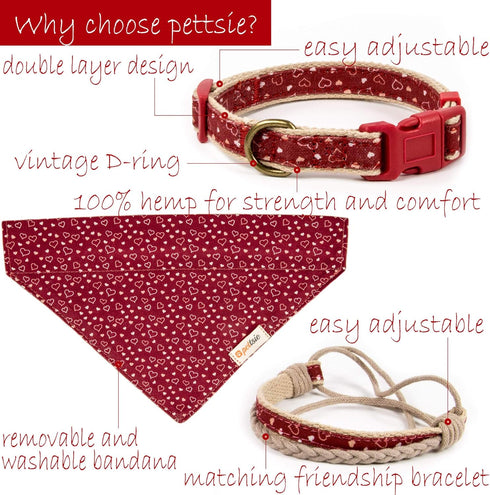 Pettsie Adjustable Dog Bandana Collar with Matching Owner Bracelet - Soft Hemp Scarf Set for Small Dogs, Red