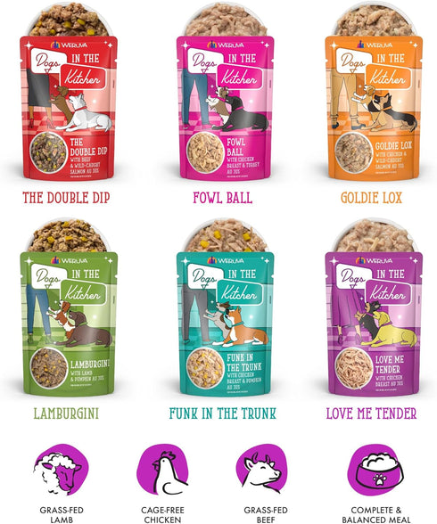 Weruva Dogs in The Kitchen, Variety Pack, Pooch Pouch Party!, Wet Dog Food, 2.8 oz Pouches, Pack of 12