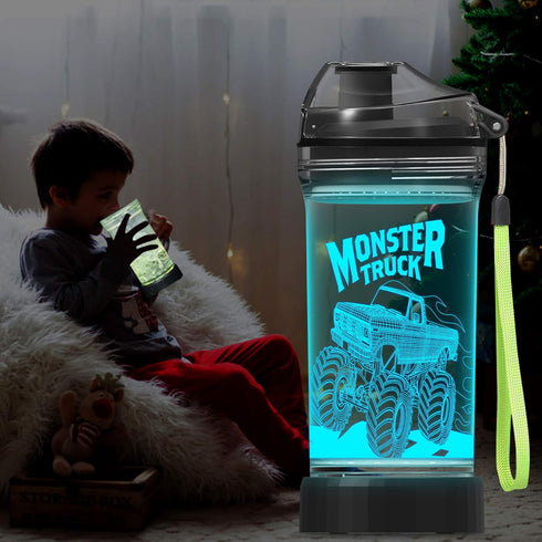 Lightzz Kids Water Bottle, 3D Glowing Monster Truck LED Light, 14 OZ Tritan BPA Free Travel Cup for Kids