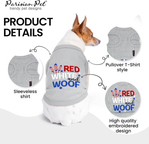 Parisian Pet Dog T-Shirt - Embroidered Red White and Woof 100% Cotton, Breathable Grey Sleeveless Pet Vest for Large