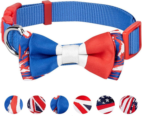 Blueberry Pet Adjustable Bowtie Dog Collar, Patriotic Spirits France Flag, Handmade Jacquard Weave Fabric, Small