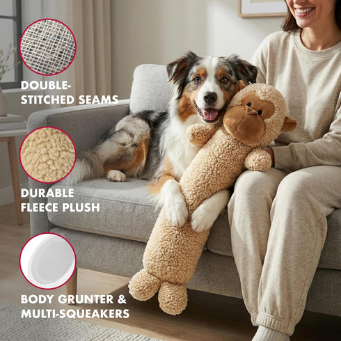 26 Inch Pet Lou Monkey Stick Plush Dog Chew Toy for Dogs with Grunter & Squeakers, Durable Fleece Interactive Toy