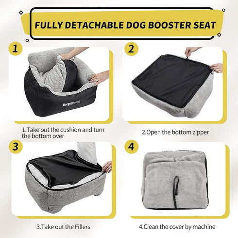 BurgeonNest Dog Car Seat for Small Dogs, Fully Detachable, Washable, Soft Booster Seats with Storage Pockets