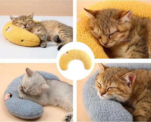 Cat Pillows for Indoor Cats - Soft Fluffy Calming Pillow, U Shaped Half Donut Cuddler with Cute Embroidery for Small