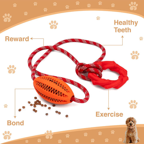 Interactive Dog Chew Toy with Rope for Aggressive Chewers - Tugging and Tossing - Puppy Training - Dispenses Treats and Food - Toothbrush for Pet Teeth Cleaning - Encourages Mental Stimulation