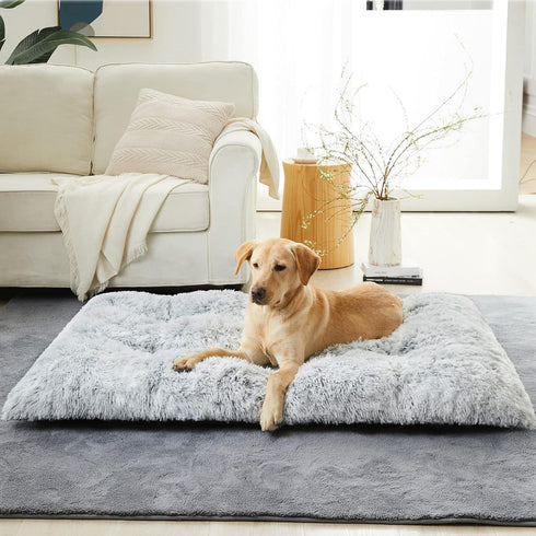 BFPETHOME Dog Beds for Large Dogs, Plush Crate Bed, Washable Mats with Anti-Slip Bottom, 36 x 27 inch, Grey