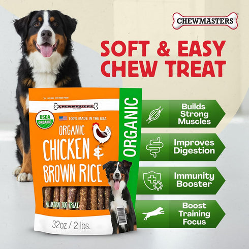 2 100% Chewmasters Organic Chicken & Brown Rice Dog Treats, Pound Bag, Organic, Made in The USA, Corn, Soy & Wheat