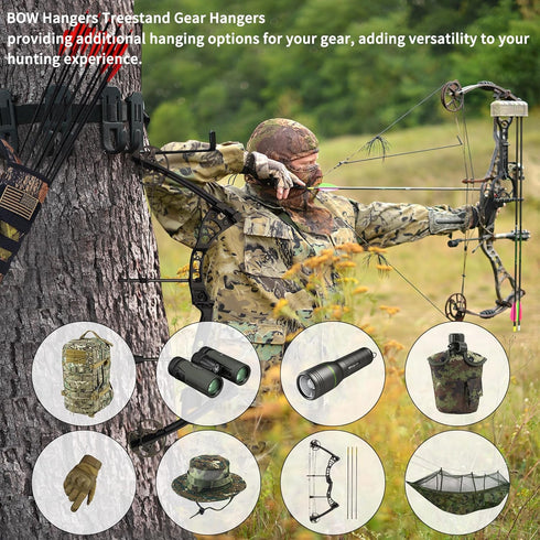 Treestand Strap Gear Hangers, 3 Metal Gear Hooks and 1 Bow Hanger for Tree Stand Hunting Gears