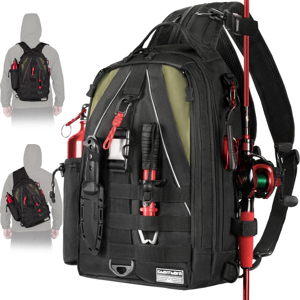 Ghosthorn Fishing Backpack Tackle Sling Bag with Rod Holder, Tackle Box Fly Fishing Gifts for Men Women
