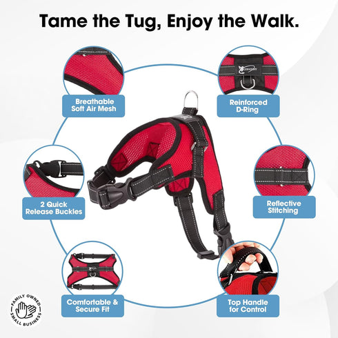 No Pull Reflective Adjustable Dog Harness with Handle, Comfortable Soft Mesh, Easy On for Small Medium Large Dogs (Red)