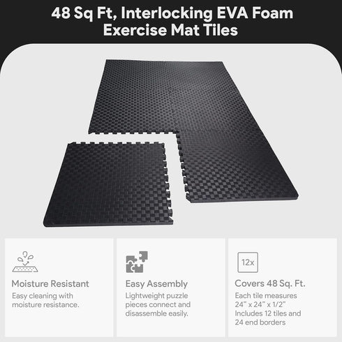 BalanceFrom 1/2' 24 24 1/2 48 12 Puzzle Exercise Mat Thick, EVA Interlocking Foam Floor Tiles for Home Gym, Mat