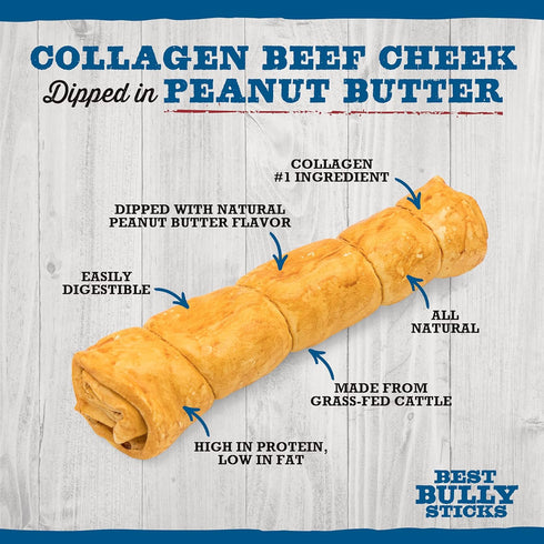 Best Bully Sticks Peanut Butter Beef Cheek Dog Treats - 4-Pack, Natural Collagen Chews