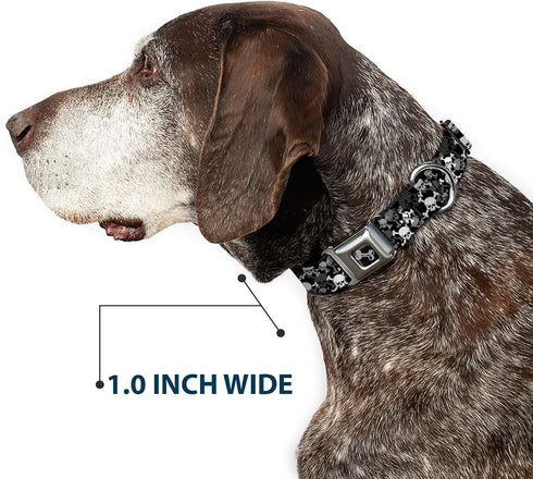 Buckle-Down Dog Collar Seatbelt Buckle, Top Skulls Stacked Black Gray White, 11 to 17 Inches, 1.0 Inch Wide