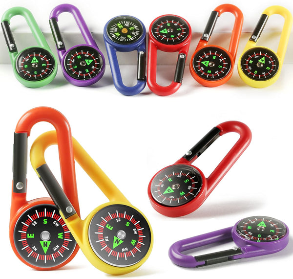 PROLOSO 36 Pack Carabiner Compasses for Kids, Assorted Colors, Belt Clips, School Prizes, Party Favors
