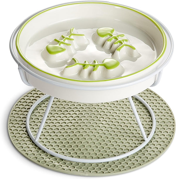 Raised Cat Dog Slow Feeder Bowl with Stand, Elevated Shallow Design, No Whisker Fatigue Ceramic Feeder