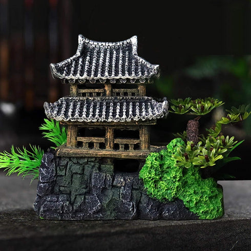 Classical Temple Aquarium Decorations, Asian Castle Thematic Safe Resin Ornaments with Plastic Plants for Fish Tank