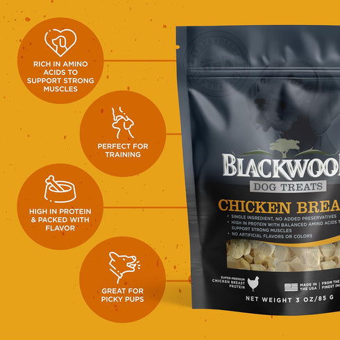 100% 3 Blackwood Freeze Dried Raw Single Ingredient Dog Treats, Chicken Breast, Ounce Pouch, High Protein, Made in The
