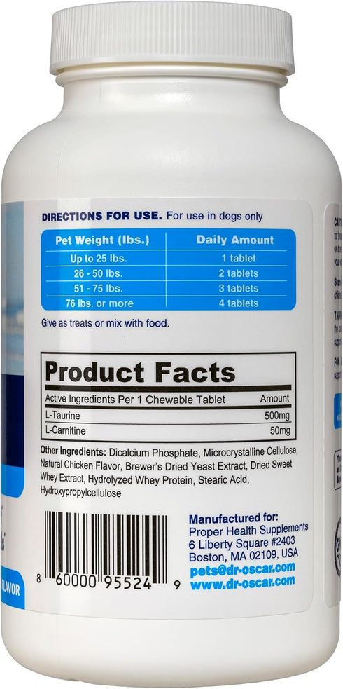Taurine Supplement for Dogs - 120ct, Meets RDA of 500 mg per 25lbs, Helps Maintain Dog Heart Health & Normal Blood Flow