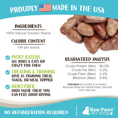 Raw Paws Freeze Dried Chicken Hearts for Dogs & Cats, 4-oz Whole, Made in USA, Single Ingredient Treats