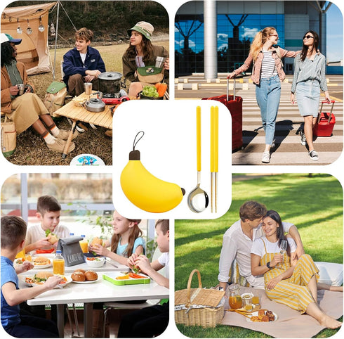 Dexprosy Set Creative Travel Cutlery with Banana Case - Reusable Stainless Steel Spoon, Chopsticks, and Portable
