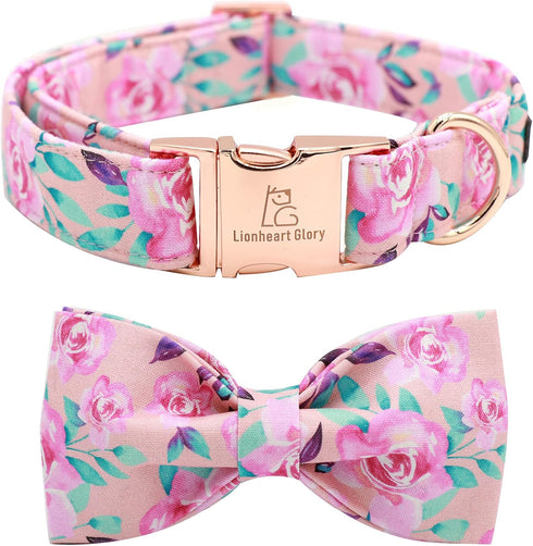 Lionheart Glory Floral Rose Print Dog Collar - Adjustable Soft Collar with Bowtie for X-Small Small Medium Large Dogs