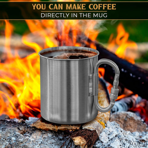 Stainless Steel Mug with Handle, 13.5Oz Coffee Camping Mug with Carabiner for Outdoor Gear