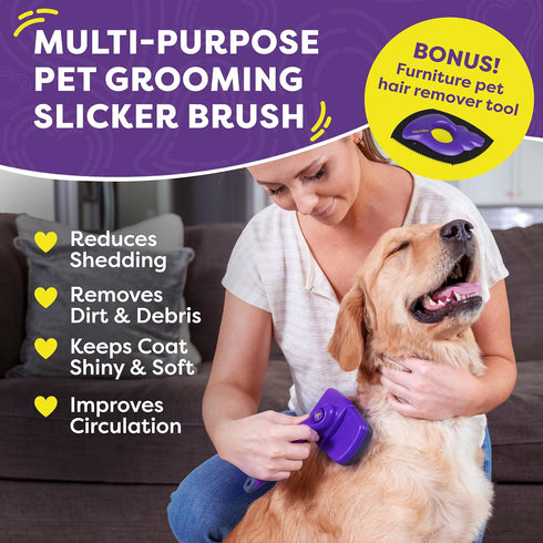 Hertzko Slicker Brush & Pet Hair Remover - Self Cleaning Slicker Brush for Pets, Pet Hair Remover, Deshedding Brush, Pet Fur Remover for Clothes, Cat Hair Remover Furniture, Dog Hair Remover for Couch