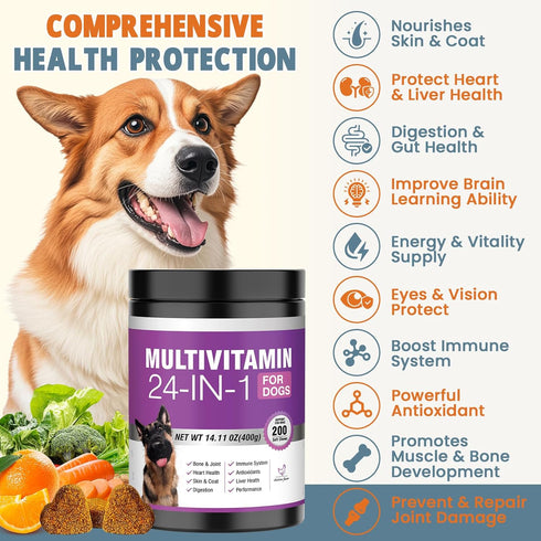 24-in-1 200 Omega-3 Immune Dog Vitamins and Supplements Ct Dogs Multivitamin Chewable Contain Chondroitin Probiotics