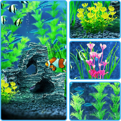Fish Tank Accessories - 9pcs Green Artificial Plants and Cave Rock Decor Set for Aquarium