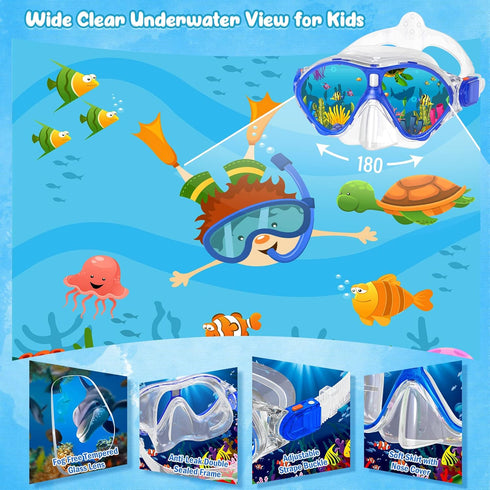 Kids Snorkel Set with Mask Fins Snorkeling Gear, Anti-Fog Swim Goggles and Dive Flippers Combo